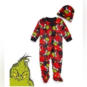 Infants Dr. Seuss Grinch Size Newborn Microfleece Long Sleeve Footed Pajamas.